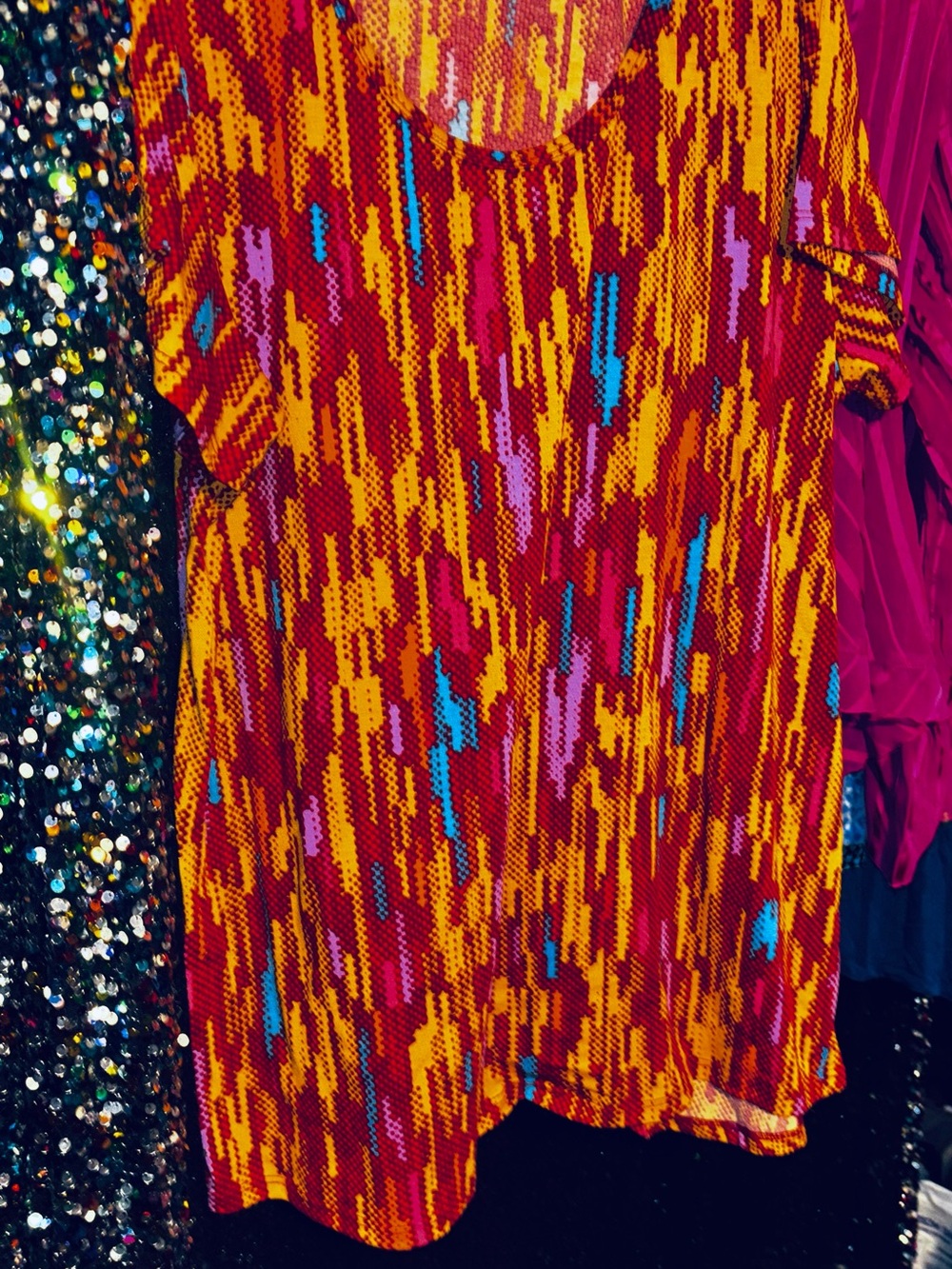 LuLaRoe Short Sleeve Tee in Red, Orange, Pink & Blue Abstract Print